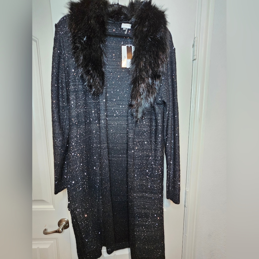Sequined Cardigan w/ Faux Fur Collar